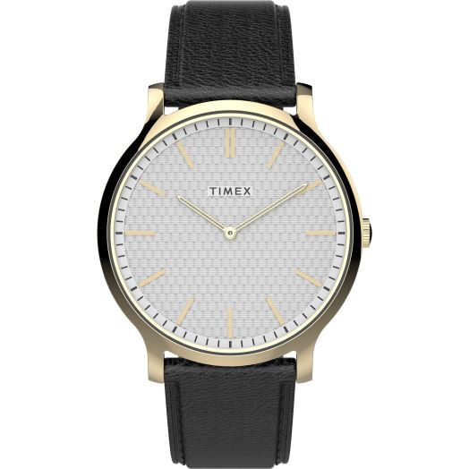 Timex Men's Gallery 40mm Watch – White Dial Gold Tone Case Black Leather Strap