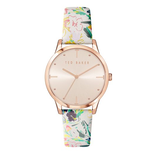 Ted Baker Poppiey White Flowered Motif Leather Strap Watch (Model: BKPPOS2079I)