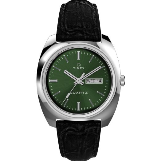 Timex Men's Q 1978 Day/Date 37mm Watch - Black Strap Green Dial Stainless Steel Case