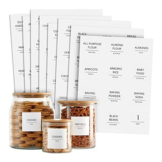 144 Fine Line Pantry Organization Labels for Food Storage Containers, Preprinted Black All Caps on Matte White Vinyl Household Stickers + Numbers for Minimalist Kitchen (Water Resistant)