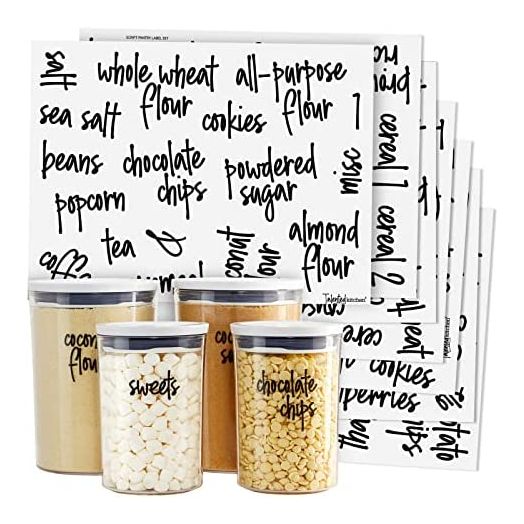 157 Kitchen Pantry Labels for Food Storage Containers, Preprinted Black Script on Clear Stickers + Numbers for Organization Canisters and Jars (Water Resistant)