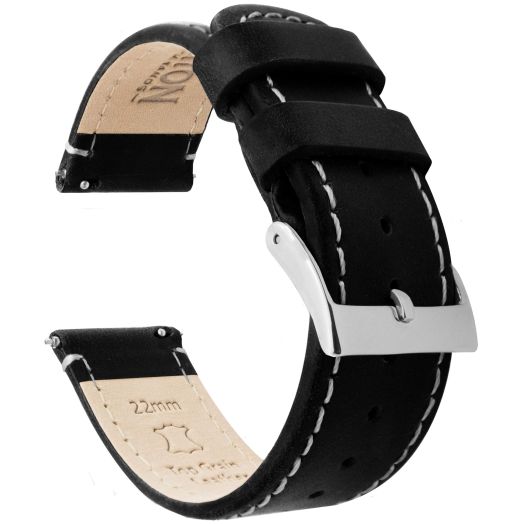 BARTON WATCH BANDS, 22mm Black/Linen Quick Release TopGrain Leather Long Watch Band Strap