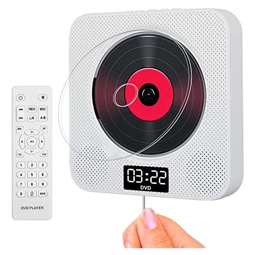 Portable Bluetooth CD Player,Wall Mountable CD/DVD Player for Home with Remote Control Dust Cover LCD Display Built-in HiFi Speakers FM Radio,Support CD/DVD/MP3/USB/AUX Input Output (White)