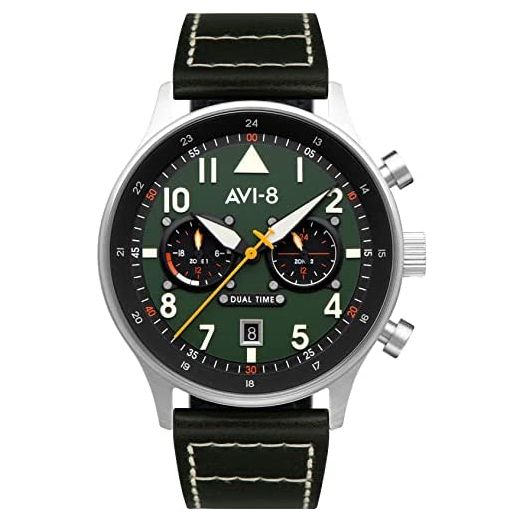 AVI-8 Hawker Hurricane AV-4088-02 Carey Dual Time Merville Japanese Quartz Watch | Stainless Steel/Dark Brown/Green