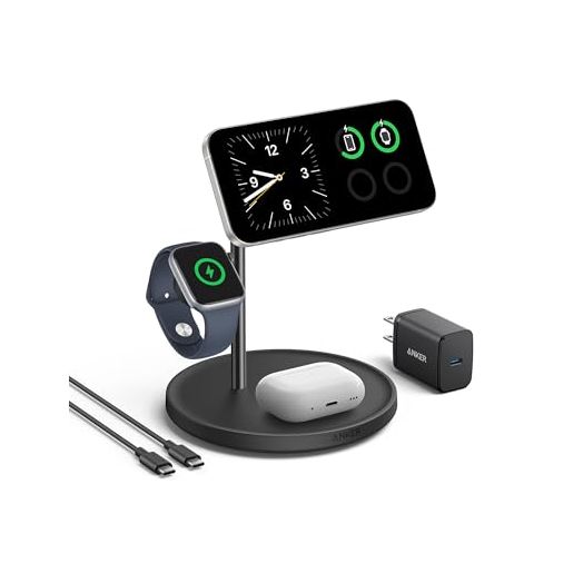 Anker MagSafe-Compatible Wireless Charging Stand, MagGo 3 in 1 Wireless Charging Station, Qi2 Certified 15W Wireless Charger for iPhone 15/15 Pro/14/13/12, Apple Watch, AirPods
