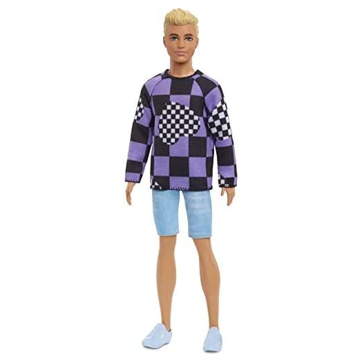 Barbie Ken Fashionistas Doll #191, Blonde Cropped Hair, Checkered Sweater, Denim Shorts, White Sneakers, Toy for Kids 3 to 8 Years Old