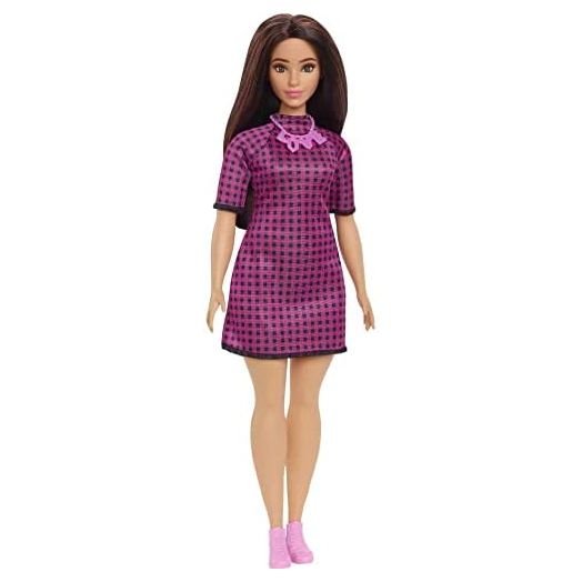 Barbie Fashionistas Doll #188, Curvy, Black Hair, Pink & Black Checkered Dress, Love Necklace, Pink Sneakers, Toy for Kids 3 to 8 Years Old