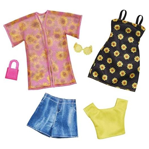 Barbie Fashions 2-Pack Clothing Set, 2 Outfits Doll Include Shirt, Shorts & Kimono, Sleeveless Sunflower Dress & 2 Accessories