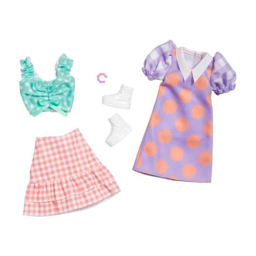 Barbie Fashions 2-Pack Clothing Set, 2 Outfits Doll Include Polka Dot Blouse & Gingham Skirt, Polka Dot Dress & 2 Accessories