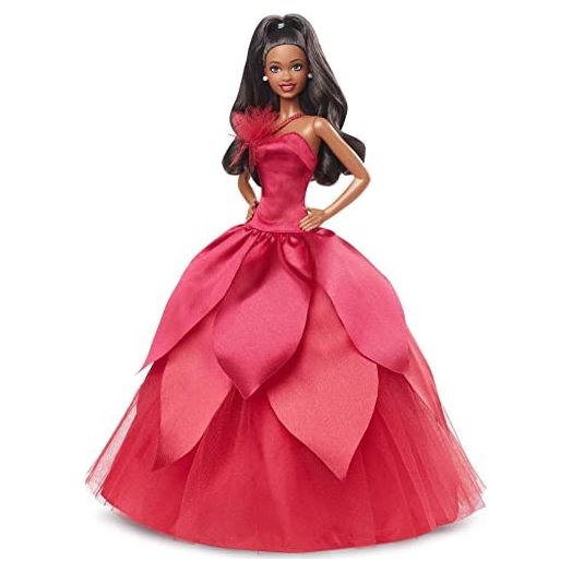 Barbie Signature 2022 Holiday Barbie Doll (Dark-Brown Wavy Hair) with Doll Stand, Collectible Gift for Kids Ages 6 Years Old and Up