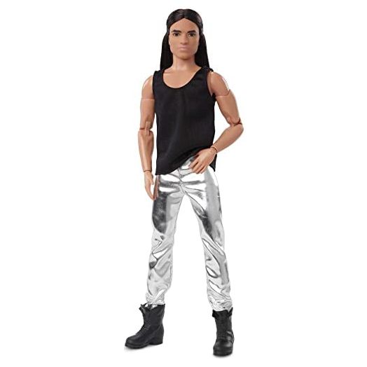 Barbie Signature Looks Ken Doll (Long Brunette Hair) Fully Posable Fashion Doll Wearing Black Tank Top & Metallic Pants, Gift for Collectors