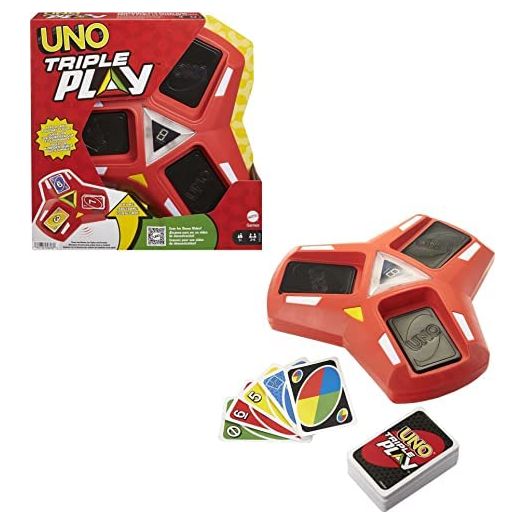 Mattel Games UNO Triple Play Card Game with Card-Holder, 112 Cards