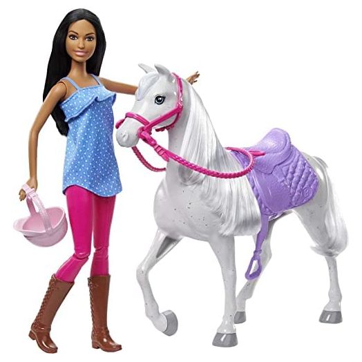 Barbie Doll and Horse Playset Doll (11.5 in Brunette), and Horse with Saddle, Bridle, Reins and Riding Helmet, Gift for 3 to 7 Year Olds