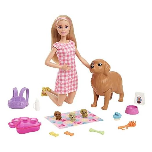 Barbie Doll & Pets, Blonde Doll with Mommy Dog, 3 Newborn Puppies with Color-Change Feature & Pet Accessories