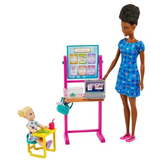 Barbie Careers Doll & Playset, Teacher Theme with Brunette Fashion Doll, 1 Blonde Toddler Doll, Furniture & Accessories