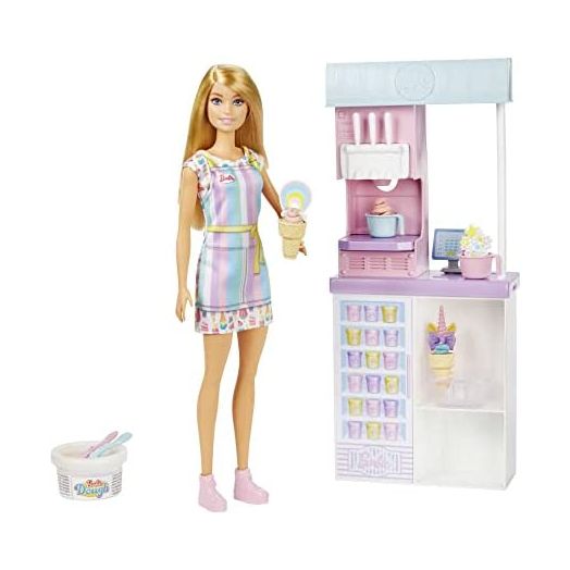 Barbie Ice Cream Shop Playset with 12 in Blonde Doll, Ice Cream Making Feature, 2 Dough Containers, 2 Bowls, 2 Cones, 3 Toppers, Gift for Ages 3 Years Old & Up