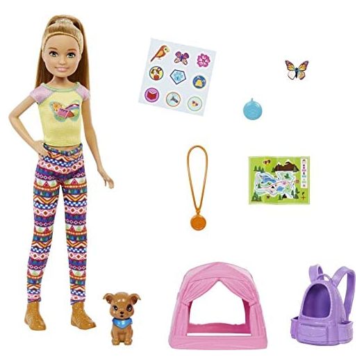 Barbie It Takes Two Camping Playset with Stacie Doll (~9 in), Puppy, Pet Tent, Pet Carrier, Sticker Sheet & Camping Accessories, Gift for 3 to 7 Year Olds