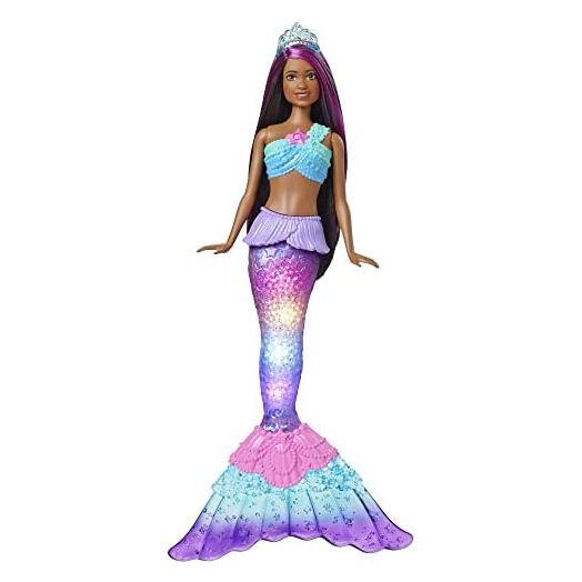 Barbie Dreamtopia Twinkle Lights Mermaid Doll (12 in, Brunette) with Water-Activated Light-Up Feature and Pink-Streaked Hair, Gift for 3 to 7 Year Olds
