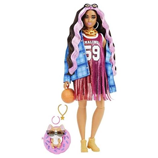 Barbie Extra Doll #13 in Basketball Jersey Dress & Accessories, with Pet Corgi, Extra-Long Crimped Hair with Pink Streaks & Flexible Joints, Gift for Kids 3 Years Old & Up