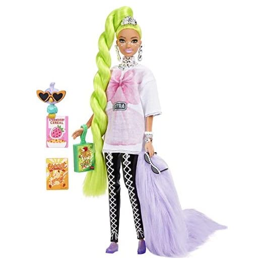 Barbie Extra Doll #11 in Oversized Tee & Leggings with Pet Parrot, Extra-Long Neon-Green Hair & Accessories, Flexible Joints, Gift for Kids 3 Years Old & Up