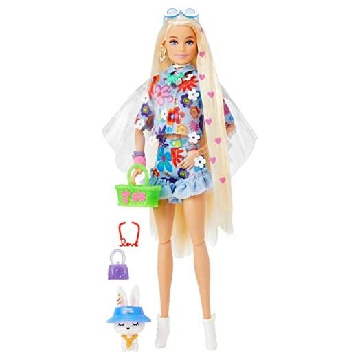 Barbie Extra Doll #12 in Floral 2-Piece Fashion & Accessories, with Pet Bunny, Extra-Long Blonde Hair with Heart Icons & Flexible Joints, Gift for 3 Year Olds & Up