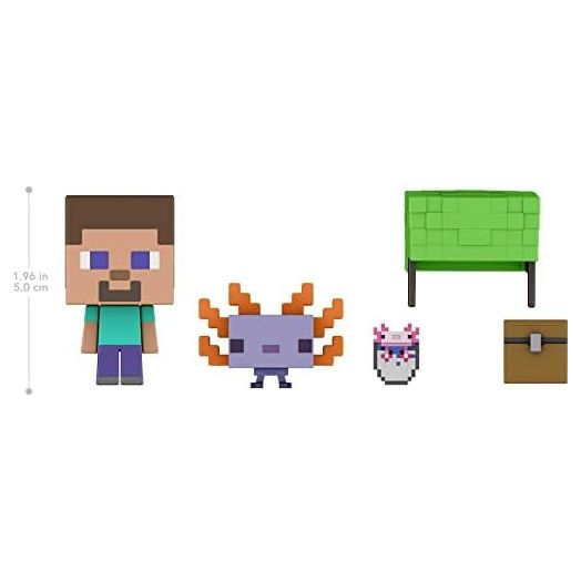 Mattel Minecraft Mob Head Minis Axolotl Adventures Pack with 2 Action Figures & Accessories, Incudes Video-Game Characters Steve & Axolotl, Collectible Gift for Fans Age 6 Years & Older