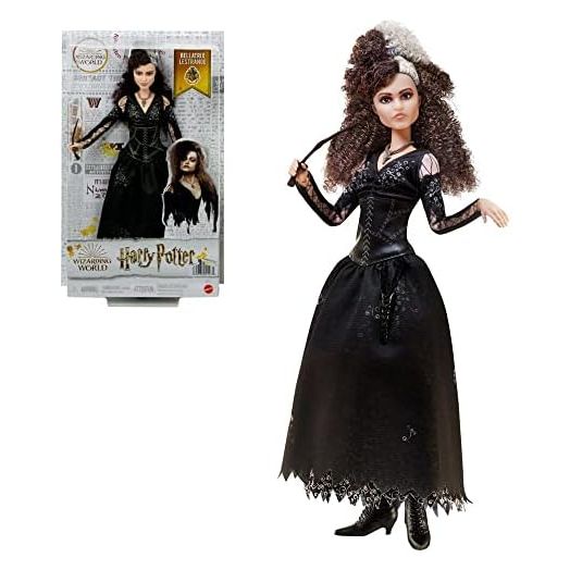 Mattel Harry Potter Collectible Bellatrix Lestrange Doll (10-inch, Curly Hair) Wearing Signature Black Dress and Necklace, with Wand, Gift for 6 Year Olds and Up, HFJ70