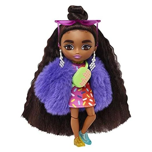 Barbie Extra Minis Doll #1 (5.5 in) Wearing Sprinkle-Printed Dress & Furry Coat with Doll Stand & Accessories Including Micro Sunglasses and Waist Bag, Gift for Kids 3 Years Old & Up