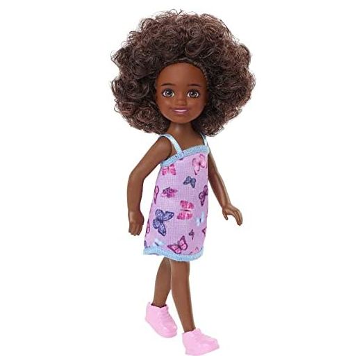 Barbie Chelsea Doll (Curly Brunette Hair) Wearing Butterfly-Print Dress and Pink Shoes, Toy for Kids Ages 3 Years Old & Up