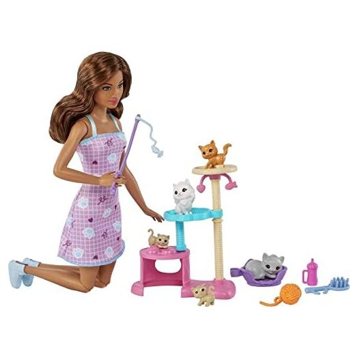 Barbie Kitty Condo Doll & Pets, Cat Tree Toy Playset with 5 Kitten Figures & Accessories, Brunette Fashion Doll