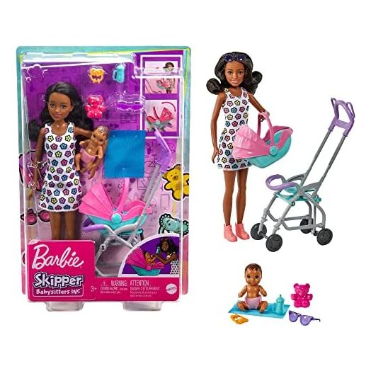 Barbie Skipper Babysitters Inc. Playset with Babysitter Doll (Curly Brunette Hair), Stroller, Baby Doll & 5 Accessories, Toy for 3 Year Olds & Up
