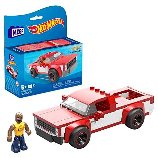 MEGA Hot Wheels Building Toy Race Car Playset, 83 Chevy Silverado with 89 Pieces, 1 Micro Action Figure Driver, Red, Kids Age 5+ Years