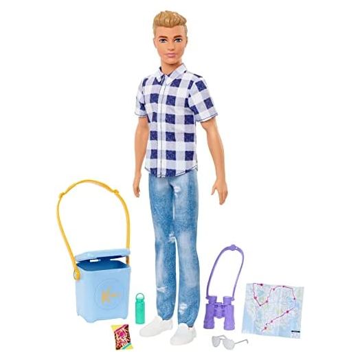Barbie It Takes Two Ken Camping Doll Wearing Plaid Shirt, Jeans and White Sneakers, with Camping Accessories, Toy for 3 Year Olds & Up