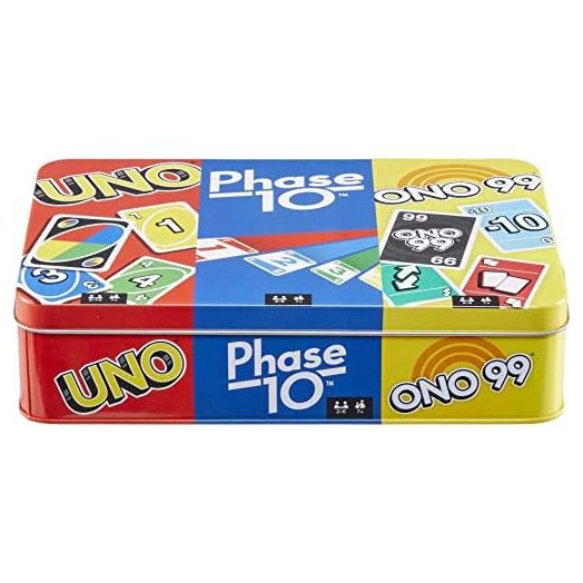 Mattel Games ?3 Card Game Tin, Phase 10 Game and ONO 99 Card Game. 3 Mattel Playing Decks