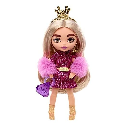 Barbie Extra Minis Doll #8 (5.5 in) Wearing Shimmery Dress & Furry Shrug, with Doll Stand & Accessories, Toy for Kids Ages 3 Years Old & Up
