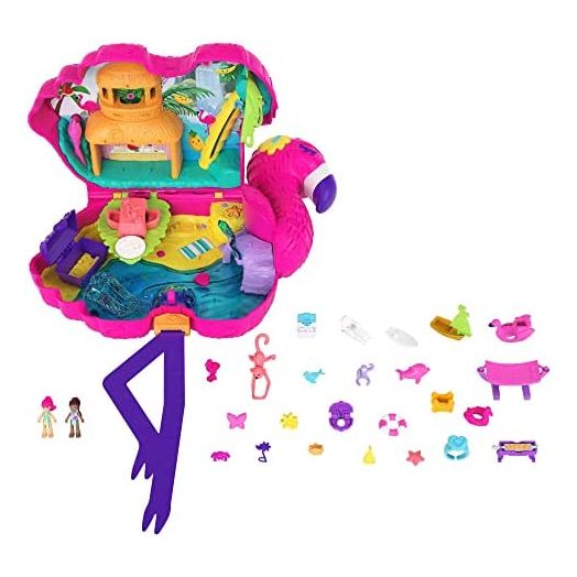 Polly Pocket Flamingo Party Large Compact Playset with 26 Surprises (Including Micro Margo & Friend Dolls), Pop & Swap Feature, Tropical Party Play Areas: Palm Tree Slide & Swing; Banquet; Water Area