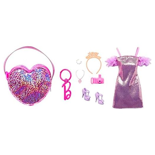 Barbie Clothes Set, Birthday-Themed with Dress, 5 Acessories & Zippered Doll-Sized Heart-Shaped Bag with Clip-On Ring