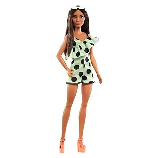 Barbie Fashionistas Doll #200 with Brunette Hair, Lime Green Polka Dot Romper & Barbie Accessories