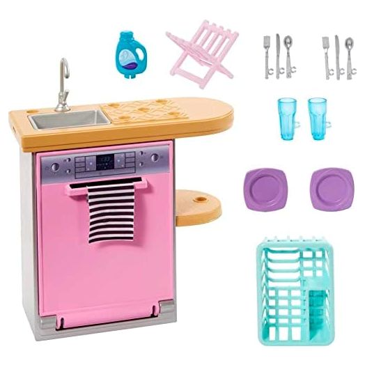 Barbie Furniture and Accessory Pack, Barbie Doll House Décor, Dishwasher Theme, Kitchen Chores and Cleaning, Kids Toys