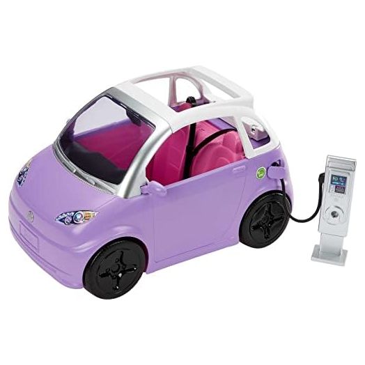 Barbie Doll Accessories, Toy Car Electric Vehicle with Charging Station, Plug & Sunroof, Purple 2-Seater Transforms into Convertible