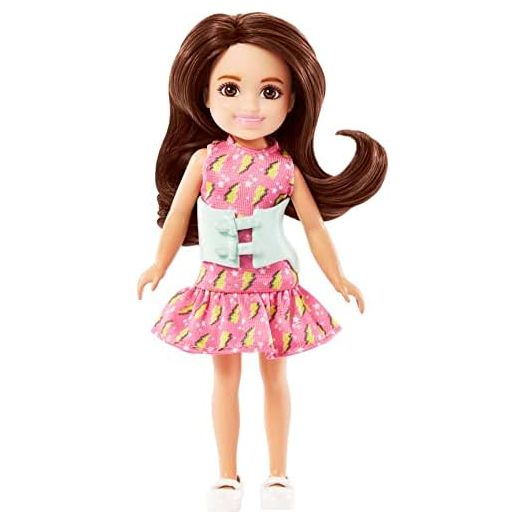 Barbie Chelsea Doll, Small Doll with Brace for Scoliosis Spine Curvature, Brunette Wearing Pink Lightning Bolt Dress