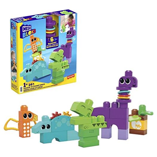 Mega BLOKS Fisher-Price Toddler Building Blocks Toy Set, Squeak ‘n Chomps Dinos with 24 Pieces, 4 Buildable Animals, Ages 1+ Years