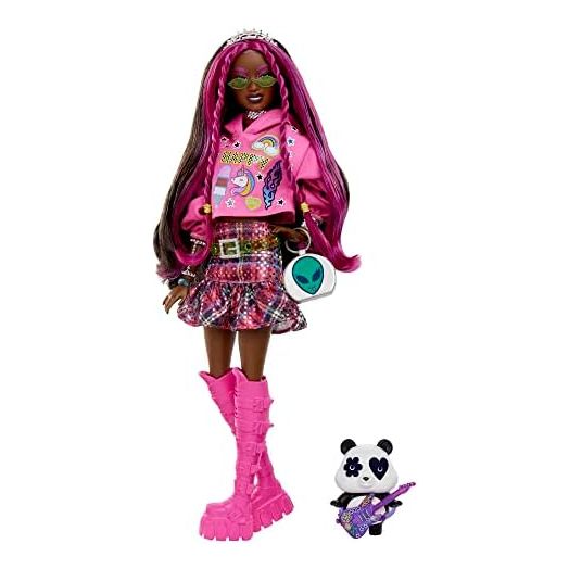 Barbie Extra Doll & Accessories with Pink-Streaked Brunette Hair in Graphic Hoodie & Plaid Skirt with Pet Panda