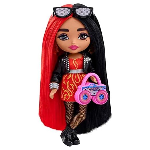 Barbie Extra Minis Doll & Accessories with Red & Black Hair, Toy Pieces Include Flame-Print Dress & Moto Jacket