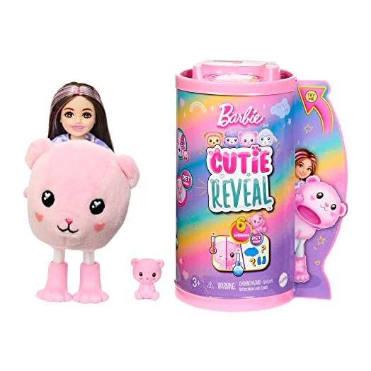 Barbie Chelsea Cutie Reveal Small Doll & Accessories, Brunette with Teddy Bear Costume, 6 Surprises (Styles May Vary)