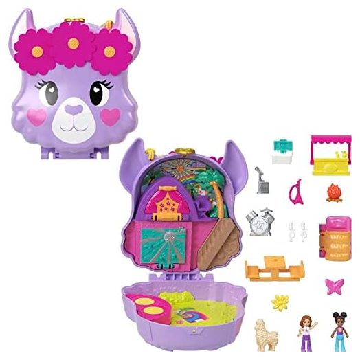 Polly Pocket Compact Playset, Llama Camp Adventure with 2 Micro Dolls & 13 Accessories, Travel Toy with Surprise Reveals