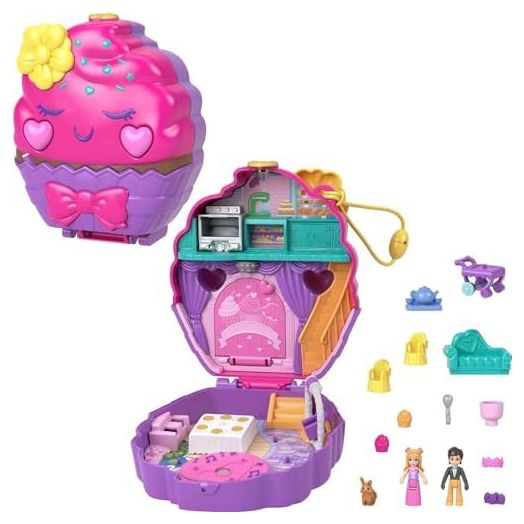 Polly Pocket Compact Playset, Something Sweet Cupcake with 2 Micro Dolls & Accessories, Travel Toys with Surprises