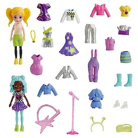 Polly Pocket Travel Toy with Two (3-inch) Dolls & 25 Accessories, Outer Space Fashion Pack with 2 Glow-in-The-Dark Pieces
