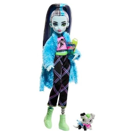 Monster High Creepover Party Doll, Frankie Stein with Pet Dog Watzie, Sleepover Clothes & Accessories like Pillow & Furry Robe