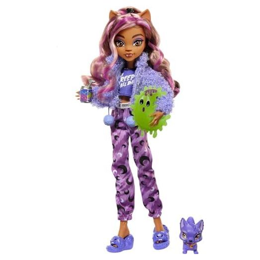 Monster High Creepover Party Doll, Clawdeen Wolf with Pet Dog Crescent, Sleepover Clothes & Accessories like Eye Mask & Pizza